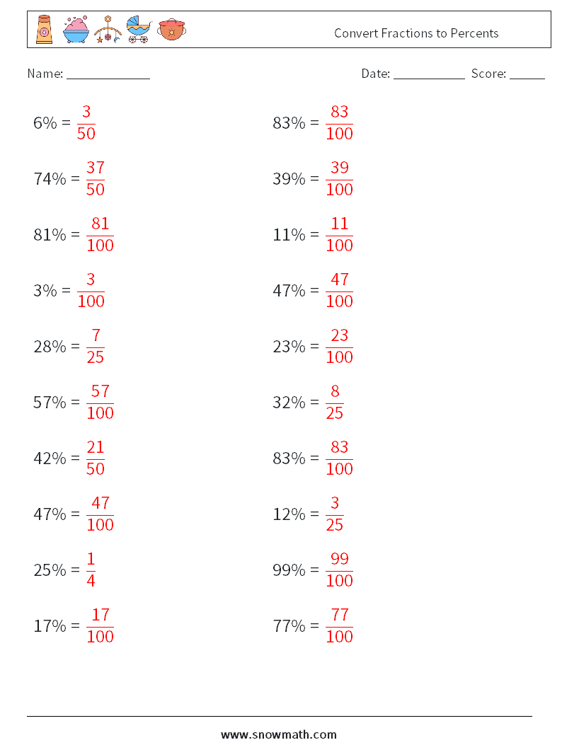 Convert Fractions to Percents Math Worksheets 5 Question, Answer