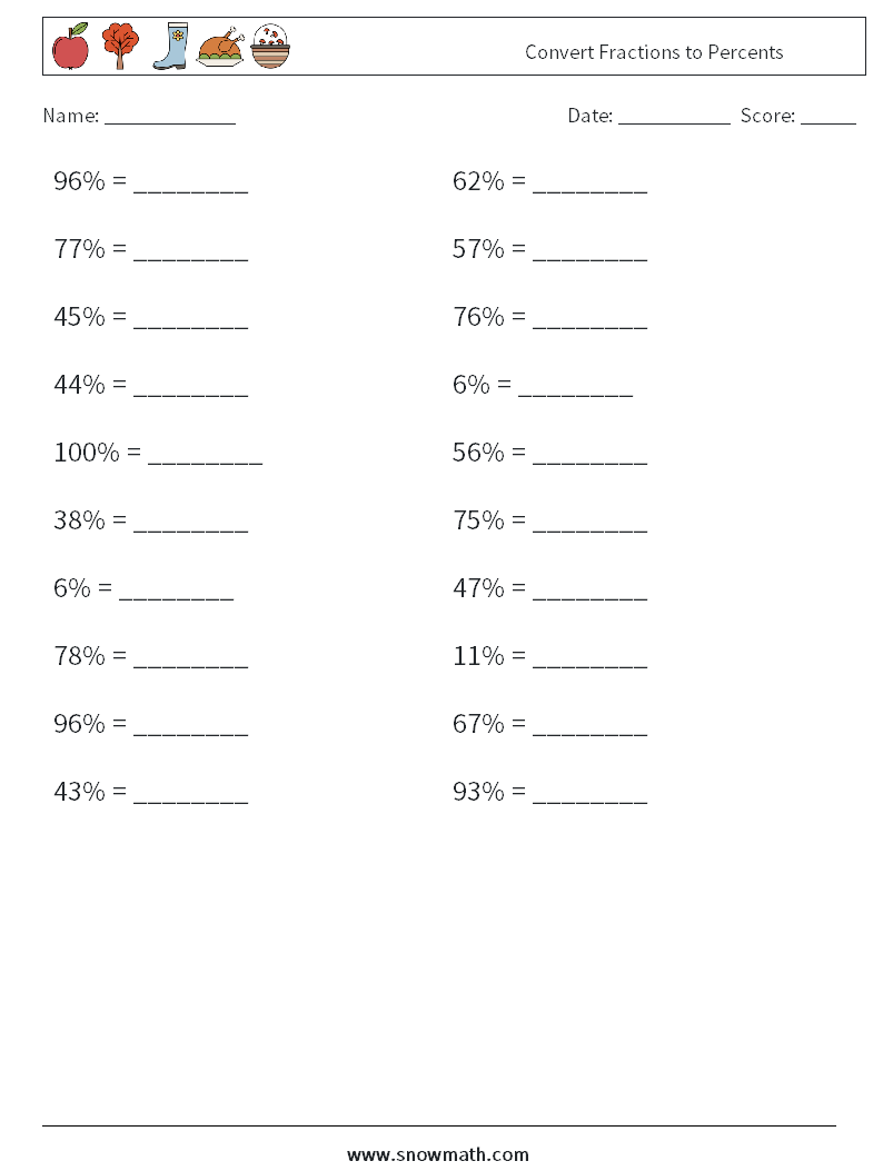 Convert Fractions to Percents Math Worksheets 6