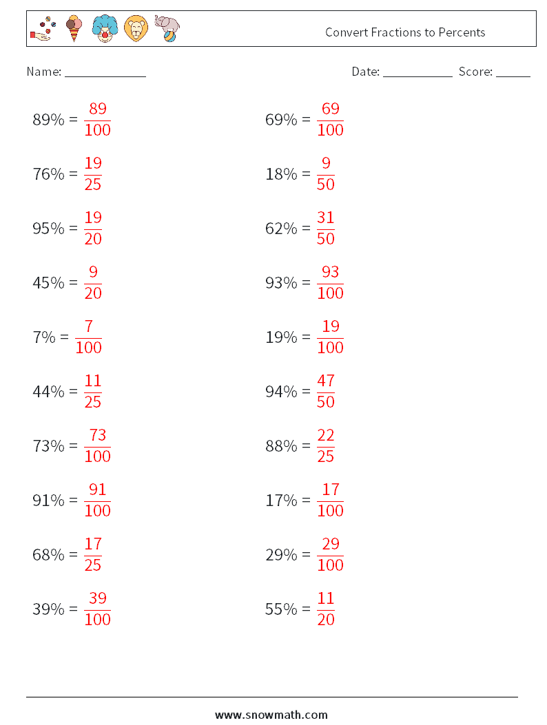 Convert Fractions to Percents Math Worksheets 7 Question, Answer