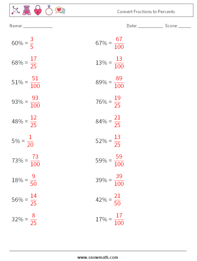 Convert Fractions to Percents Math Worksheets 8 Question, Answer