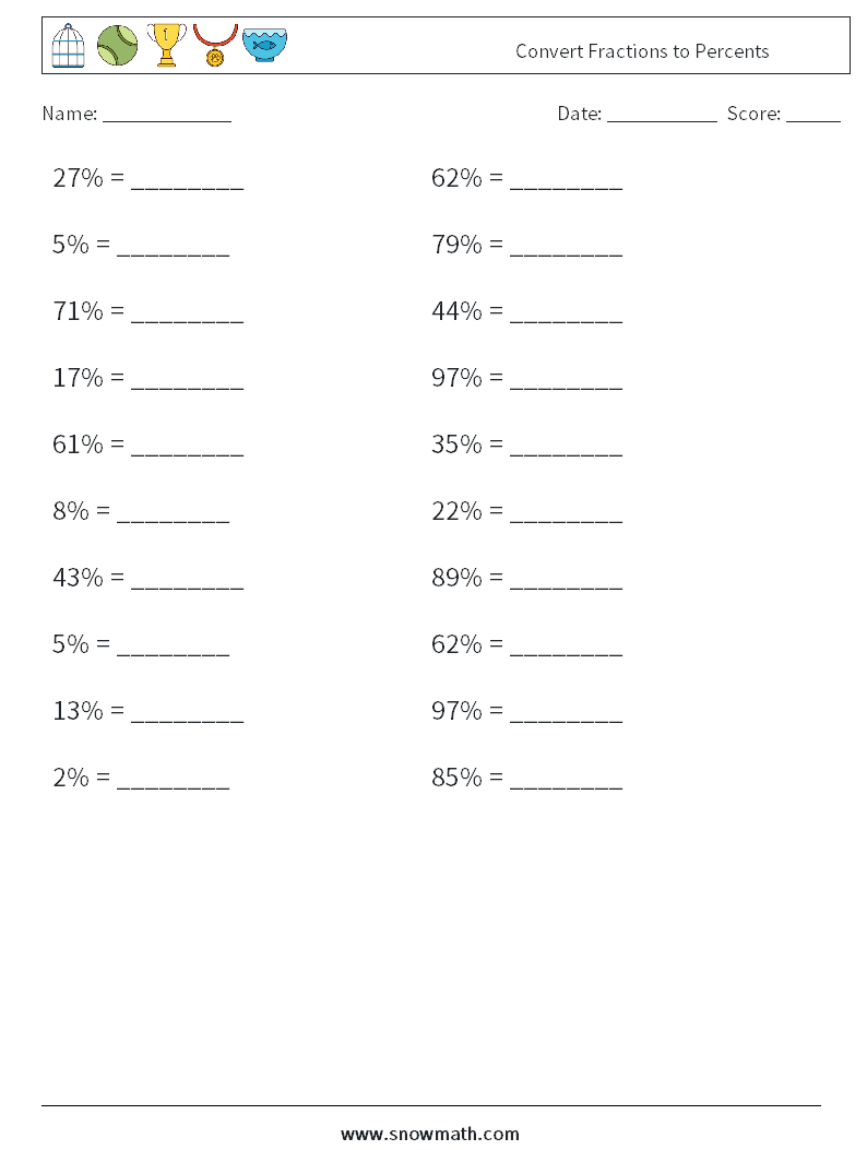 Convert Fractions to Percents Math Worksheets 9