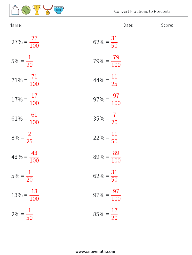 Convert Fractions to Percents Math Worksheets 9 Question, Answer