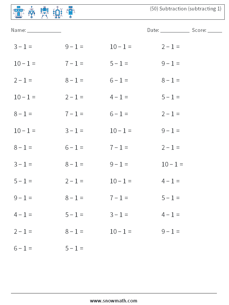 (50) Subtraction (subtracting 1) Maths Worksheets 1