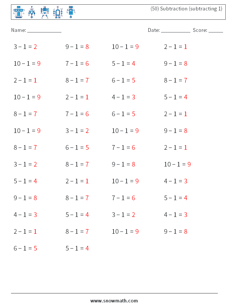 (50) Subtraction (subtracting 1) Math Worksheets 1 Question, Answer