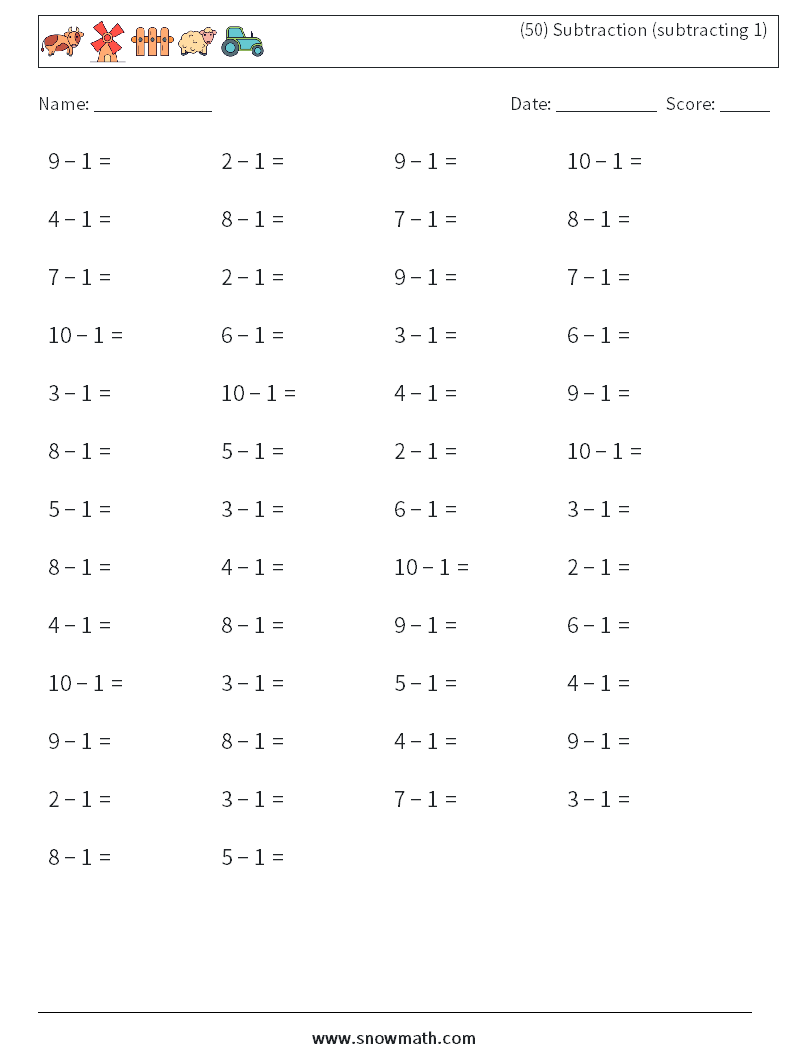 (50) Subtraction (subtracting 1) Math Worksheets 2