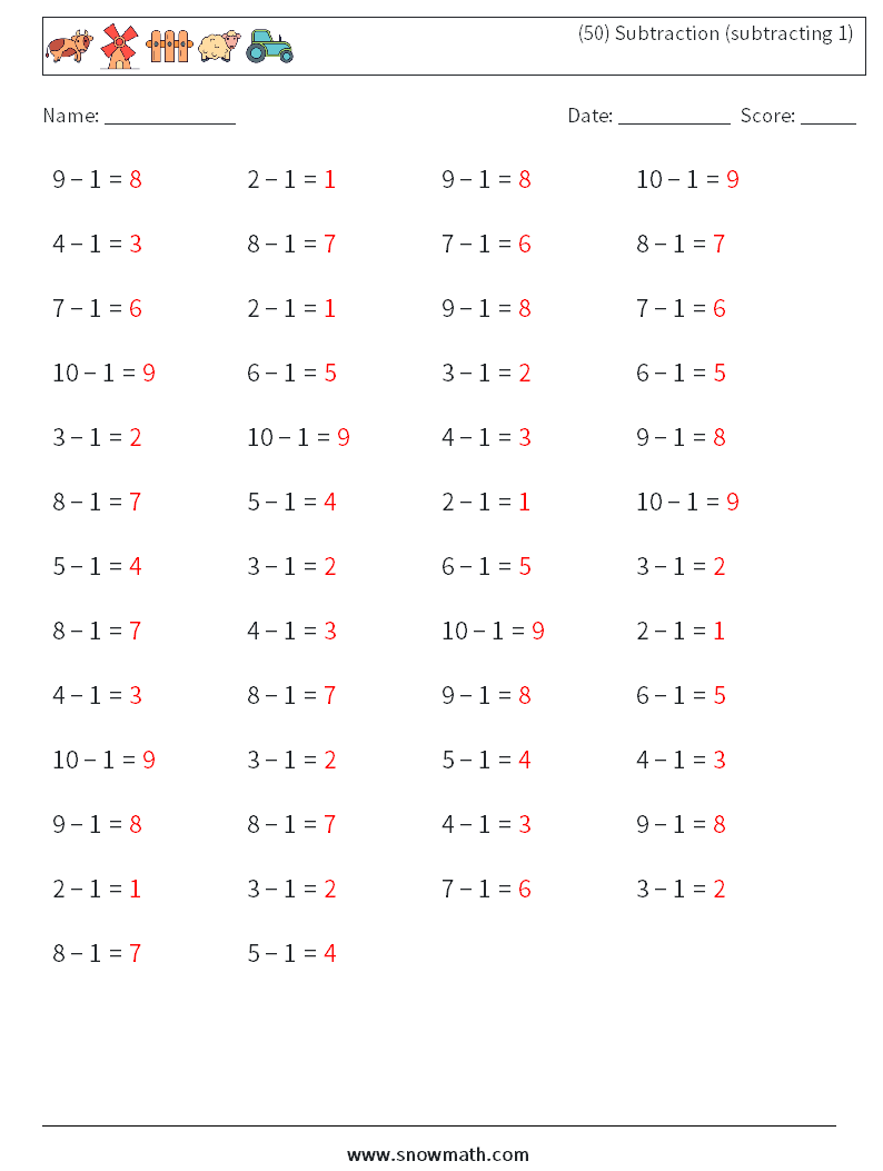 (50) Subtraction (subtracting 1) Math Worksheets 2 Question, Answer