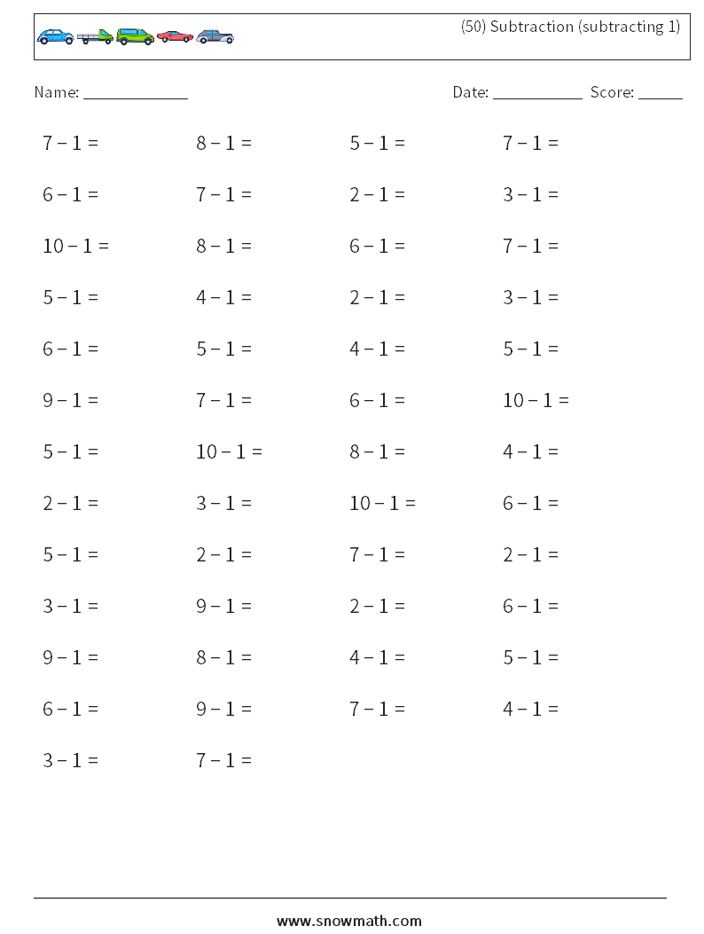 (50) Subtraction (subtracting 1) Math Worksheets 4