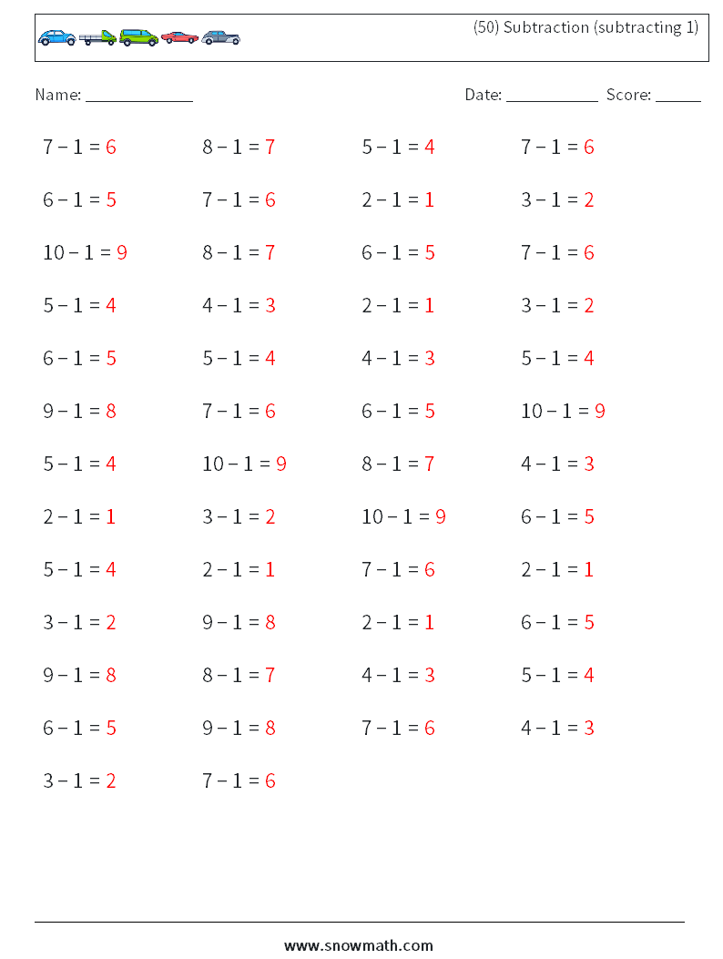 (50) Subtraction (subtracting 1) Math Worksheets 4 Question, Answer