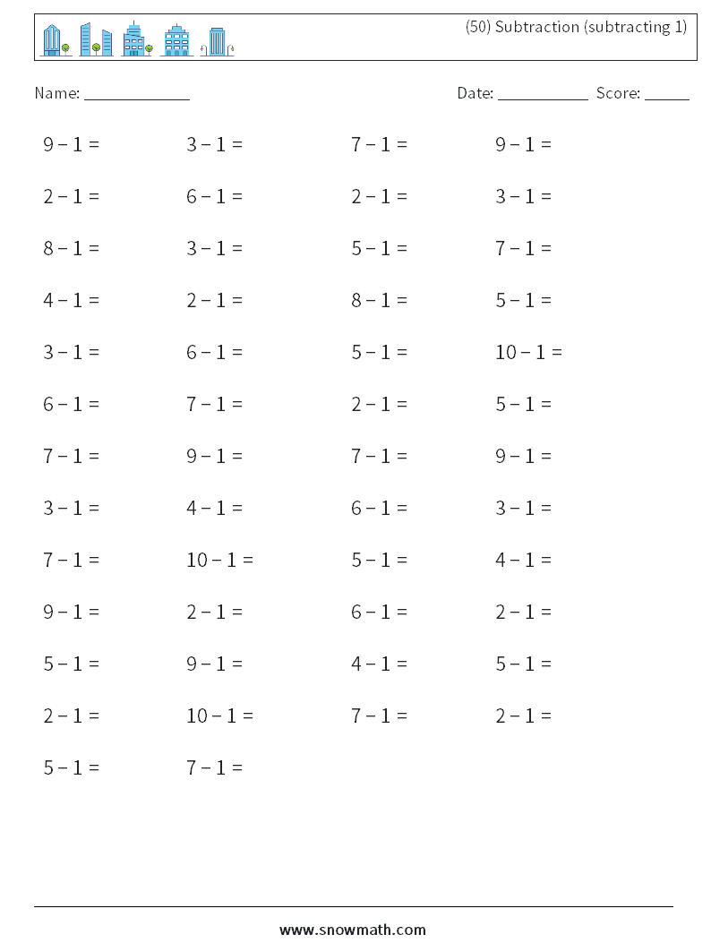 (50) Subtraction (subtracting 1) Math Worksheets 5