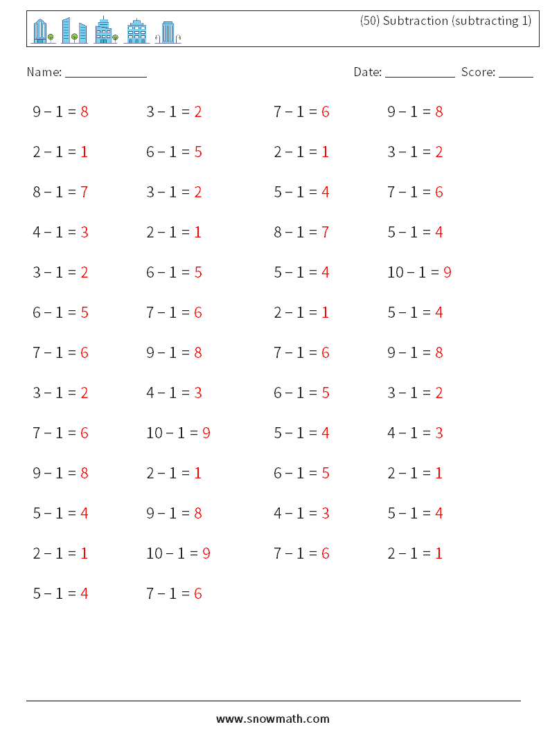 (50) Subtraction (subtracting 1) Math Worksheets 5 Question, Answer