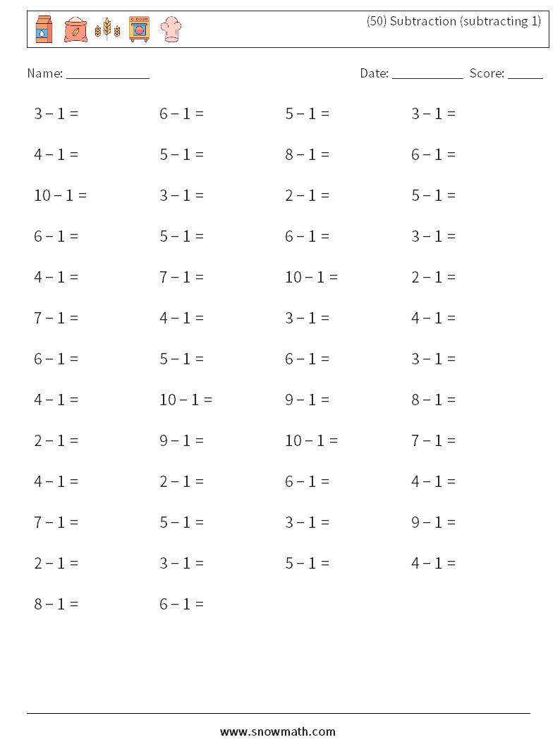 (50) Subtraction (subtracting 1) Math Worksheets 6