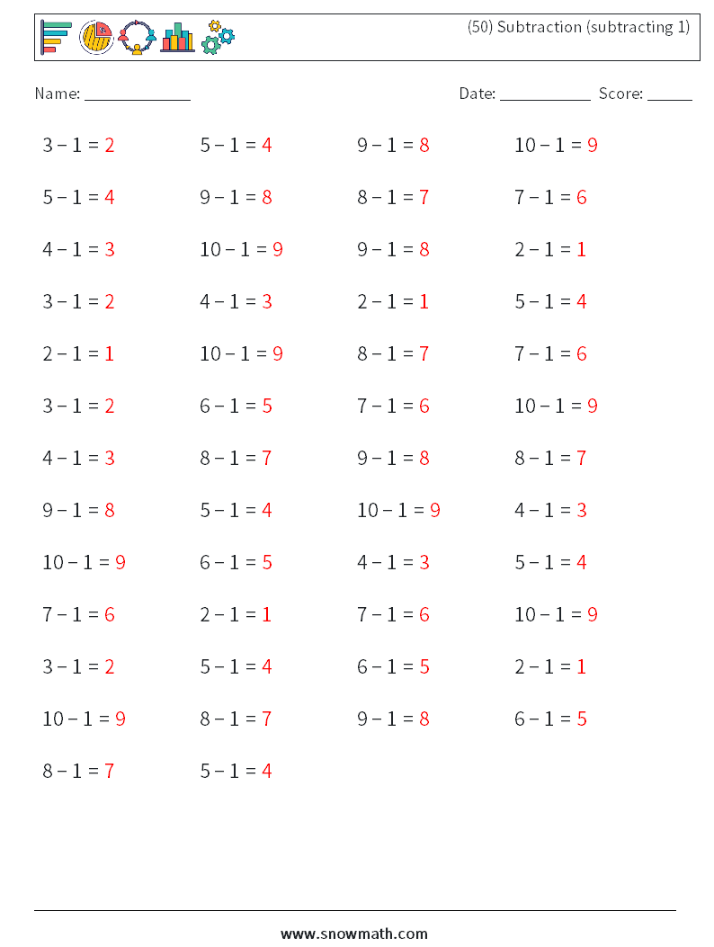 (50) Subtraction (subtracting 1) Math Worksheets 7 Question, Answer