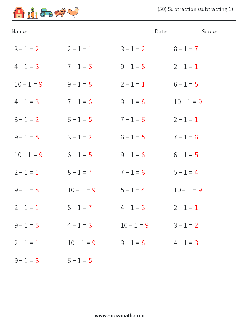 (50) Subtraction (subtracting 1) Math Worksheets 8 Question, Answer