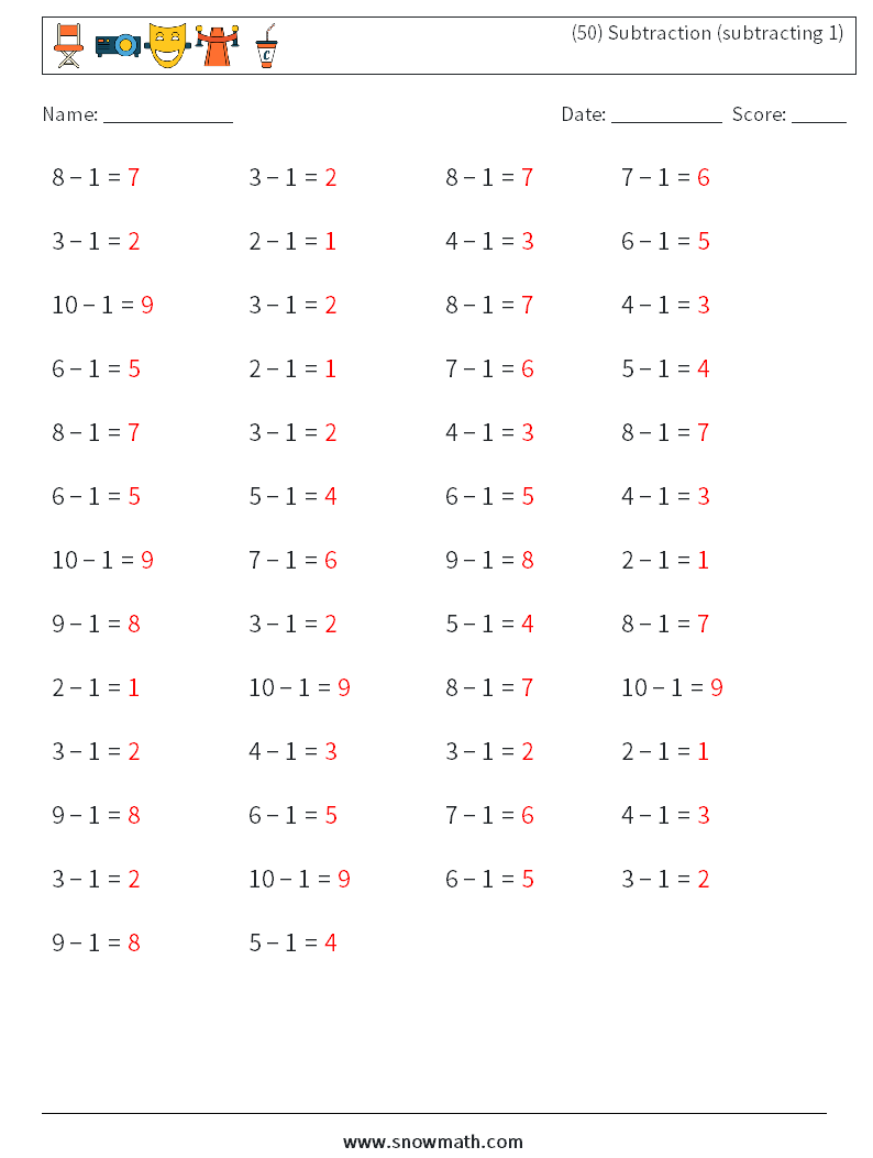 (50) Subtraction (subtracting 1) Math Worksheets 9 Question, Answer