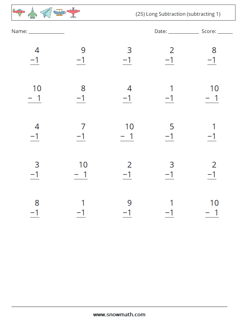 (25) Long Subtraction (subtracting 1) Math Worksheets 1