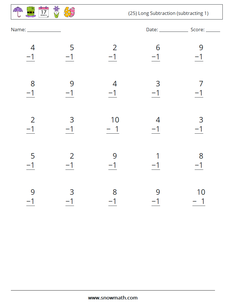 (25) Long Subtraction (subtracting 1) Maths Worksheets 2