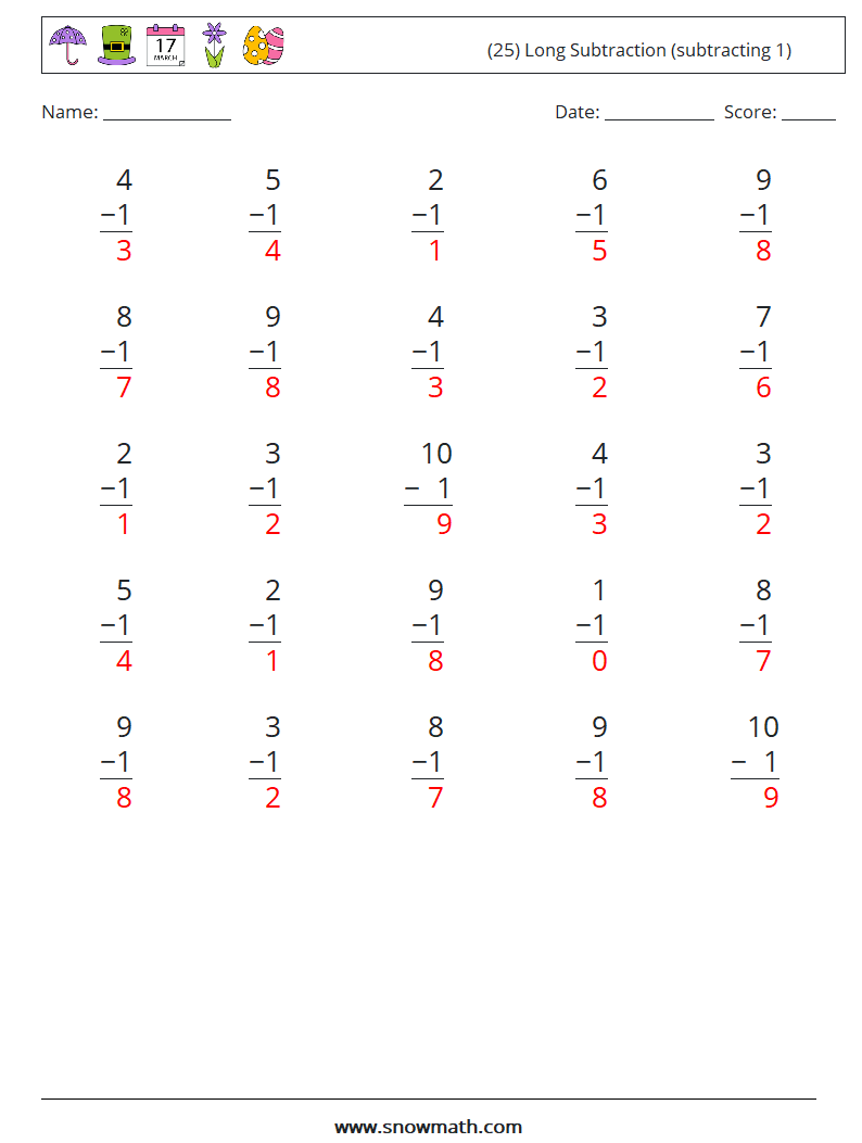 (25) Long Subtraction (subtracting 1) Math Worksheets 2 Question, Answer