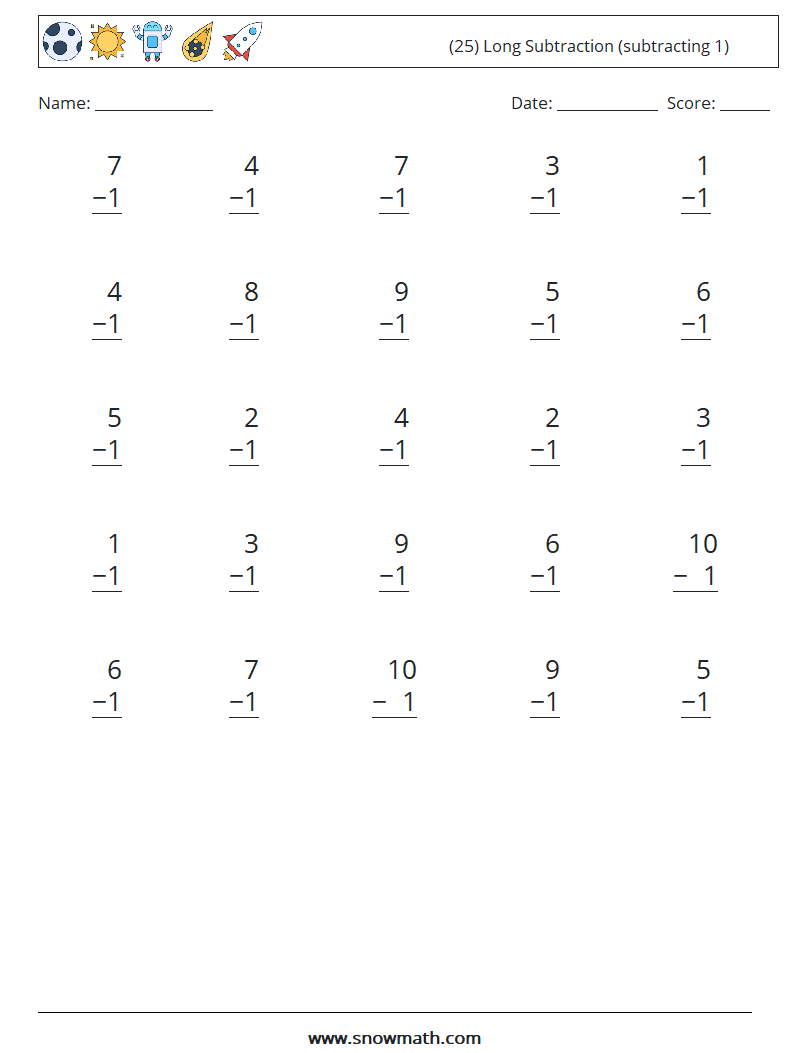 (25) Long Subtraction (subtracting 1) Math Worksheets 3