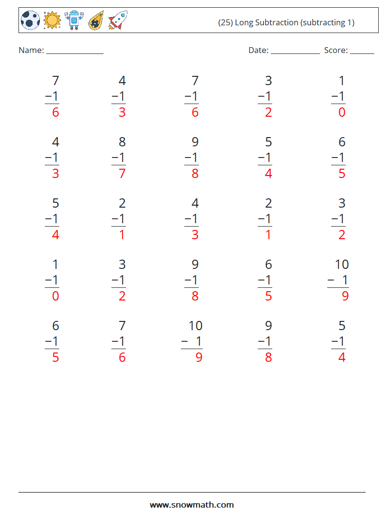 (25) Long Subtraction (subtracting 1) Math Worksheets 3 Question, Answer