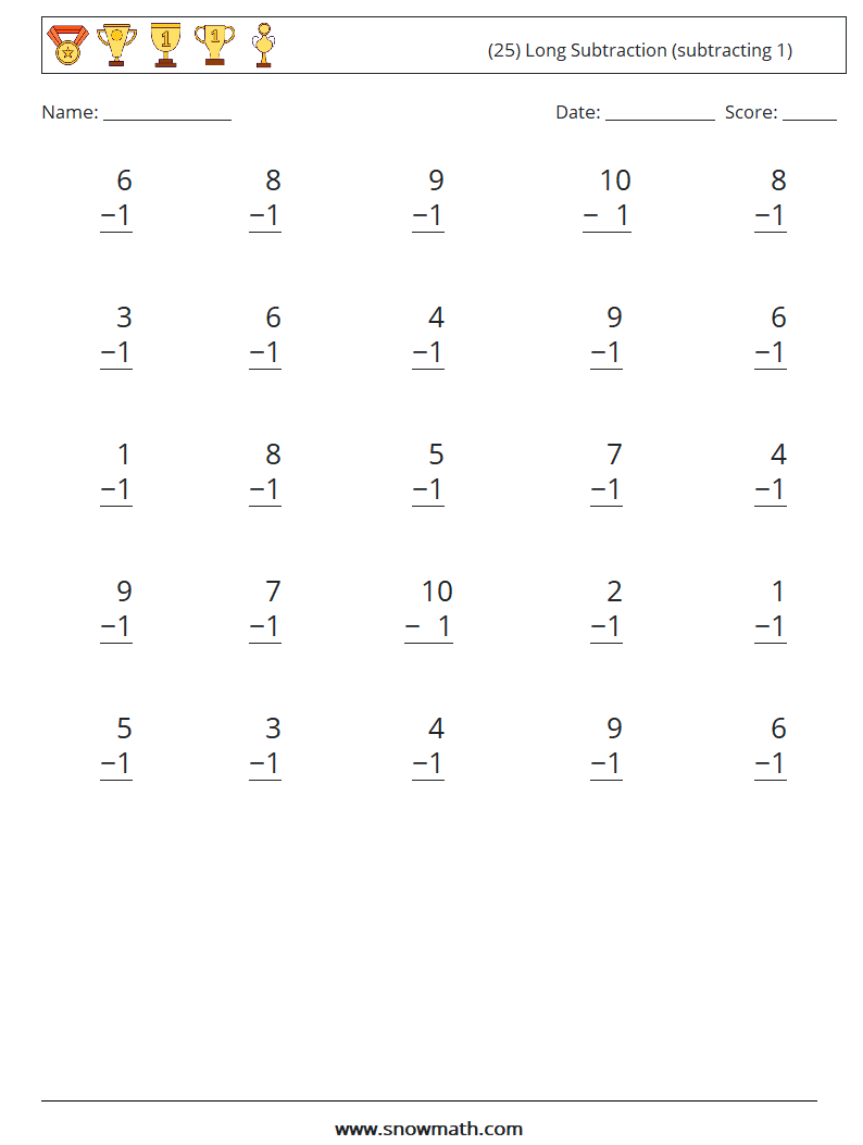 (25) Long Subtraction (subtracting 1) Math Worksheets 4