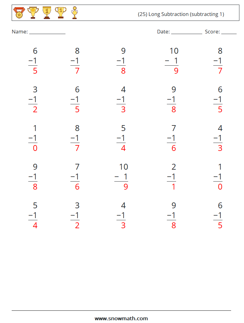 (25) Long Subtraction (subtracting 1) Math Worksheets 4 Question, Answer