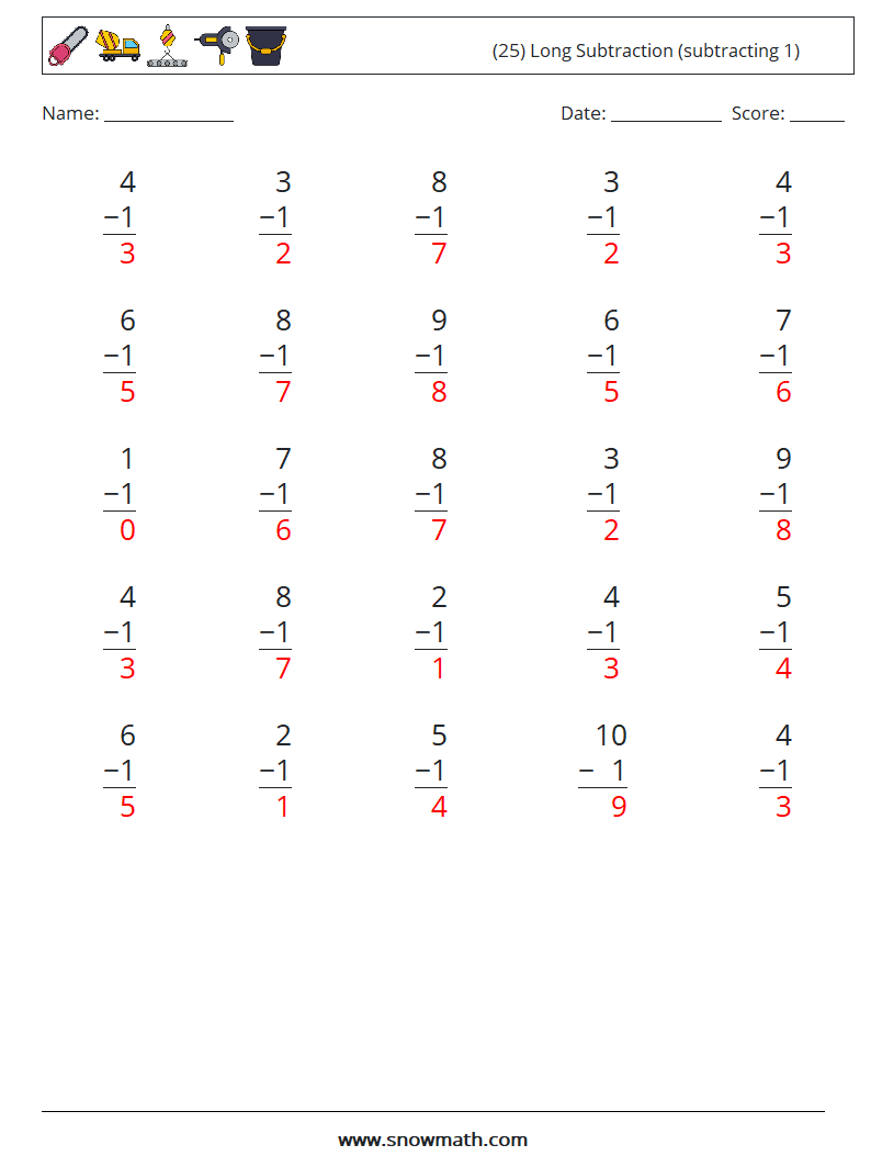 (25) Long Subtraction (subtracting 1) Math Worksheets 5 Question, Answer