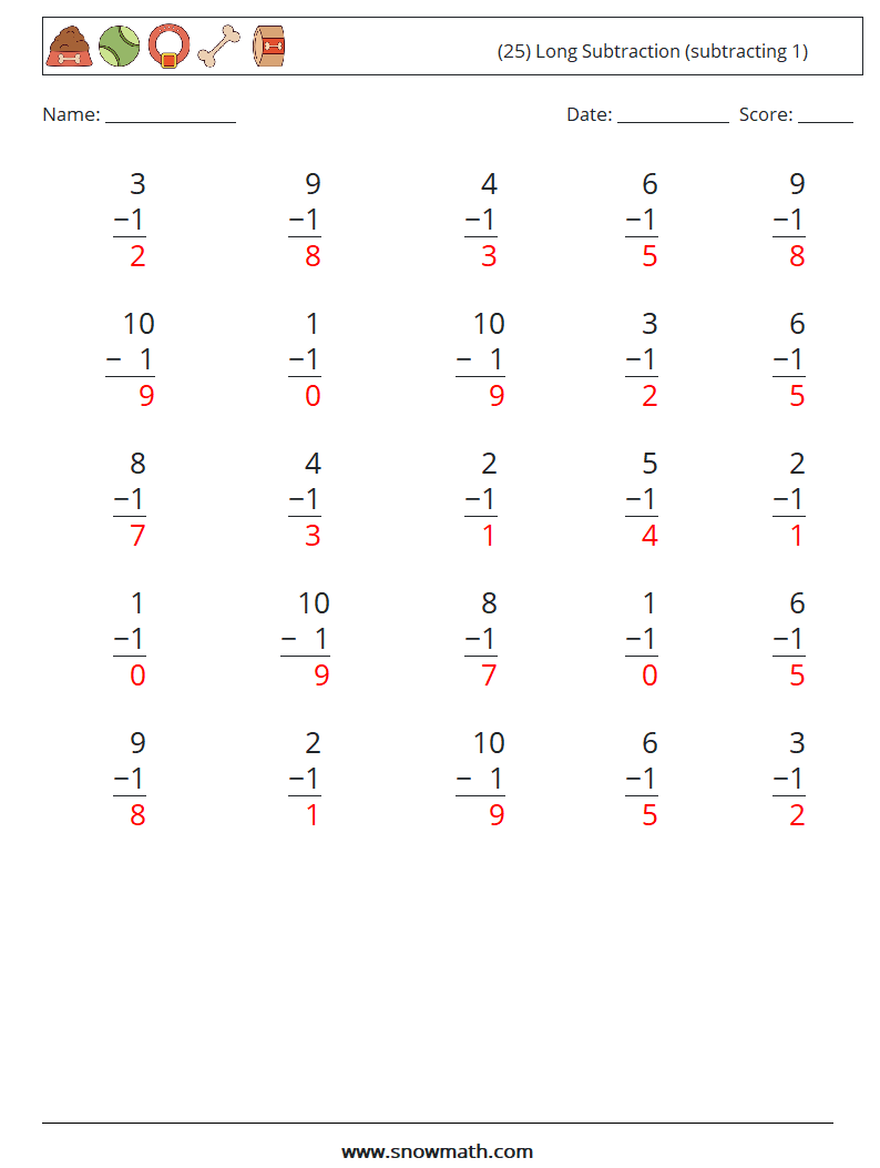 (25) Long Subtraction (subtracting 1) Math Worksheets 6 Question, Answer