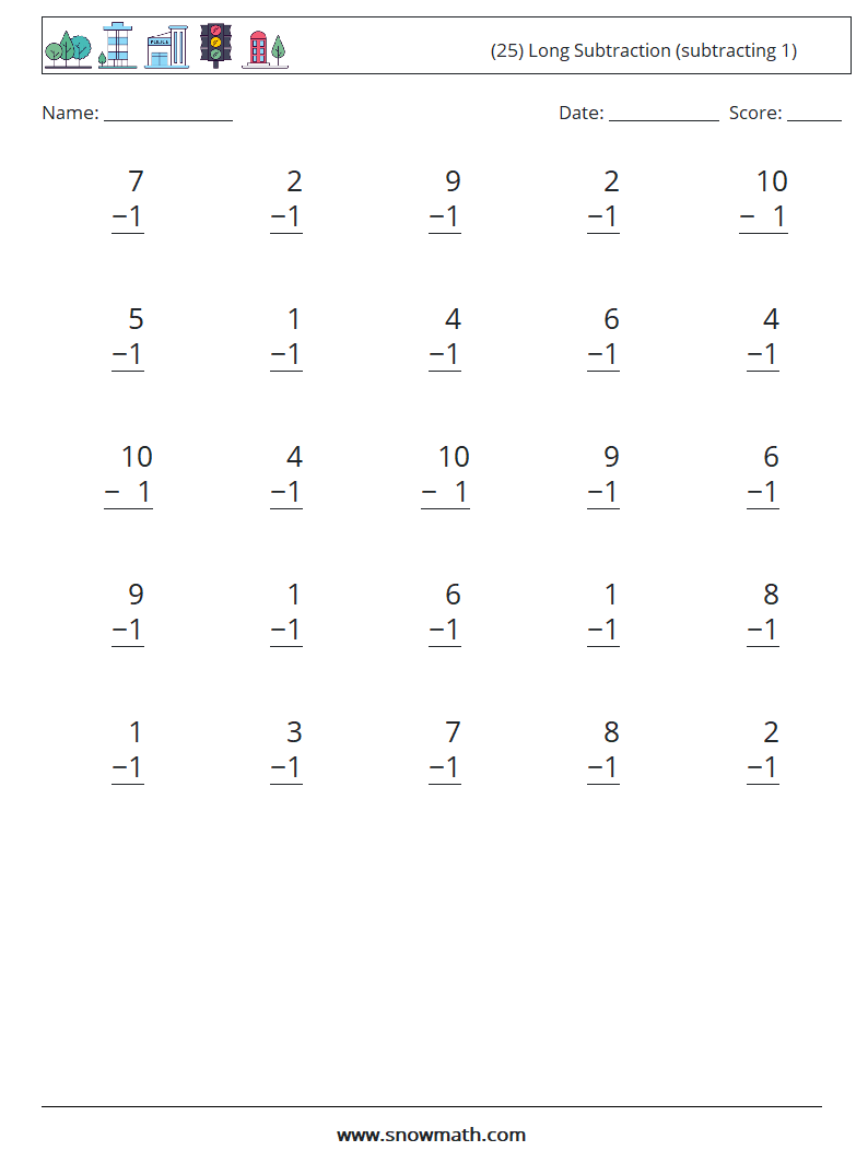 (25) Long Subtraction (subtracting 1) Math Worksheets 7