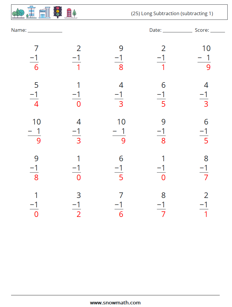 (25) Long Subtraction (subtracting 1) Math Worksheets 7 Question, Answer