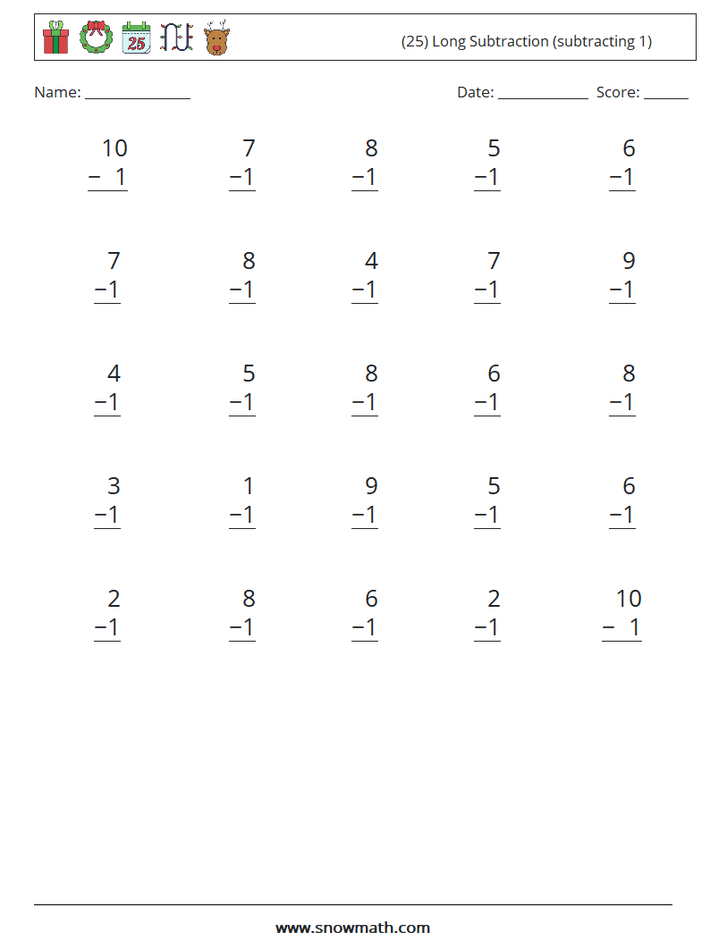 (25) Long Subtraction (subtracting 1) Maths Worksheets 9