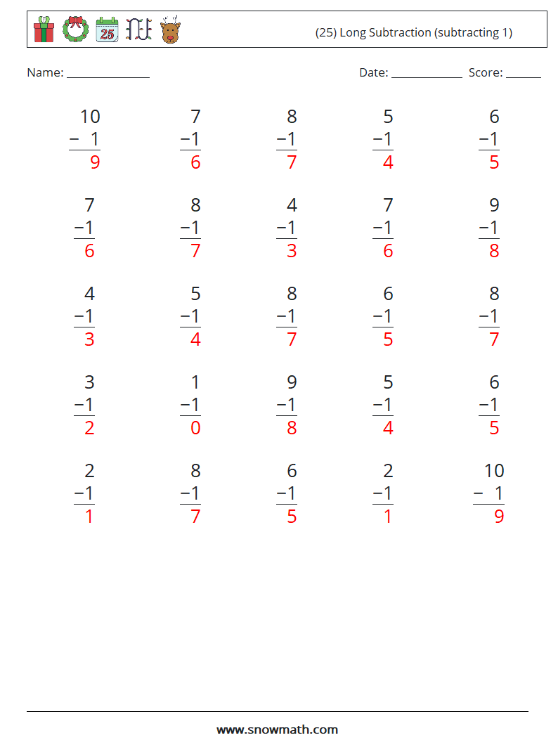 (25) Long Subtraction (subtracting 1) Math Worksheets 9 Question, Answer