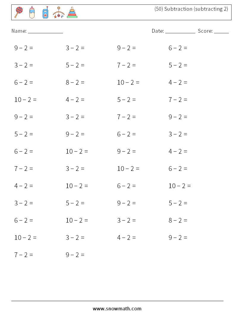 (50) Subtraction (subtracting 2) Math Worksheets 1