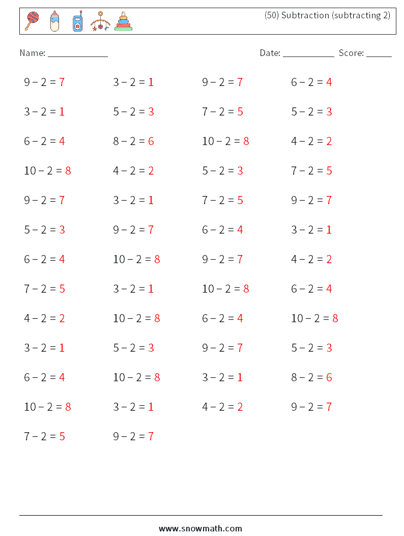 (50) Subtraction (subtracting 2) Math Worksheets 1 Question, Answer