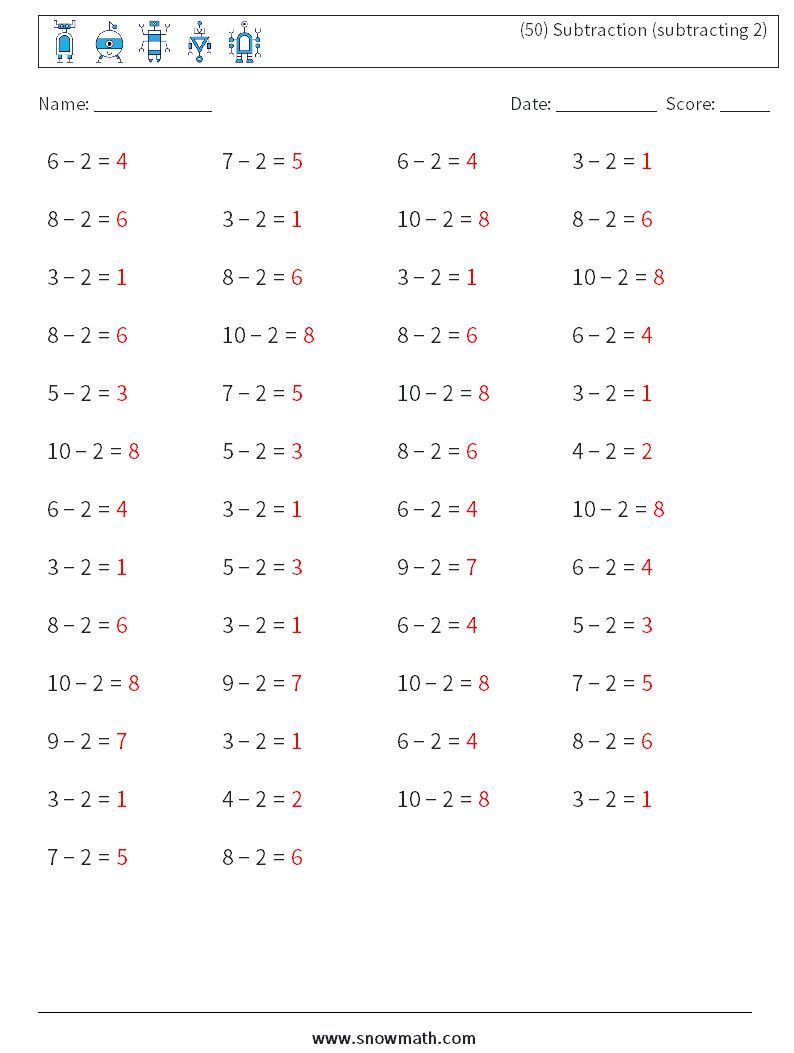 (50) Subtraction (subtracting 2) Math Worksheets 2 Question, Answer