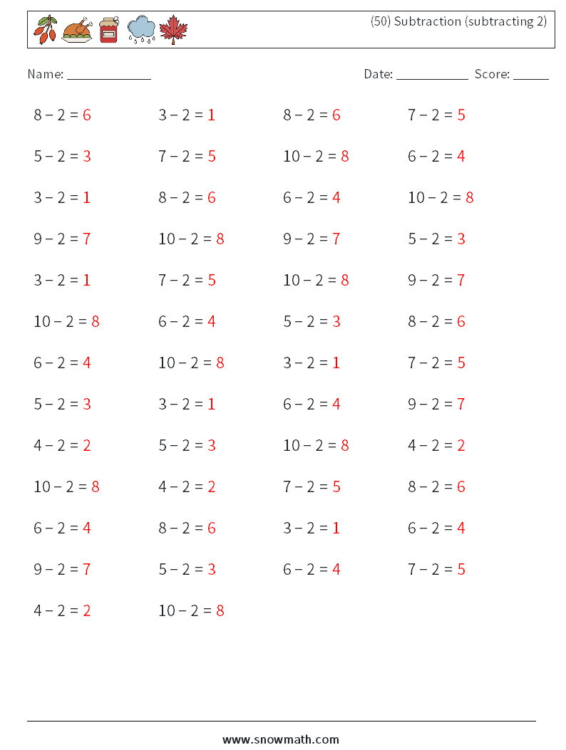 (50) Subtraction (subtracting 2) Math Worksheets 3 Question, Answer