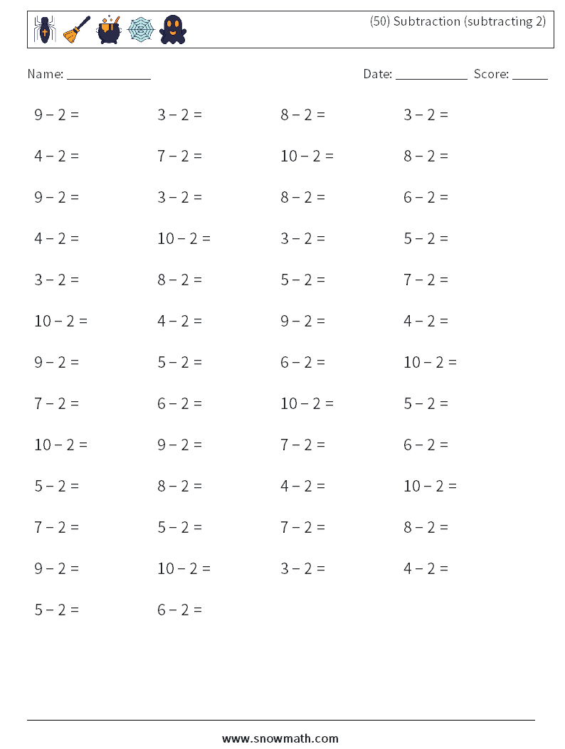 (50) Subtraction (subtracting 2) Math Worksheets 4