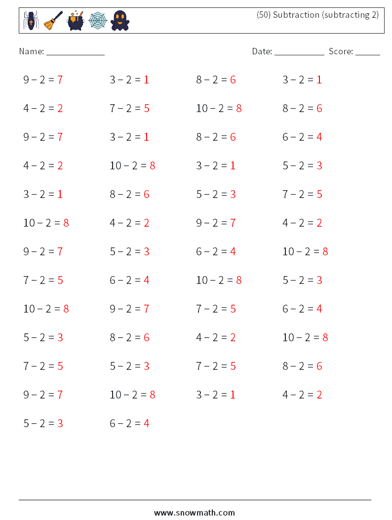 (50) Subtraction (subtracting 2) Math Worksheets 4 Question, Answer