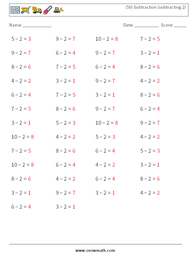 (50) Subtraction (subtracting 2) Math Worksheets 5 Question, Answer