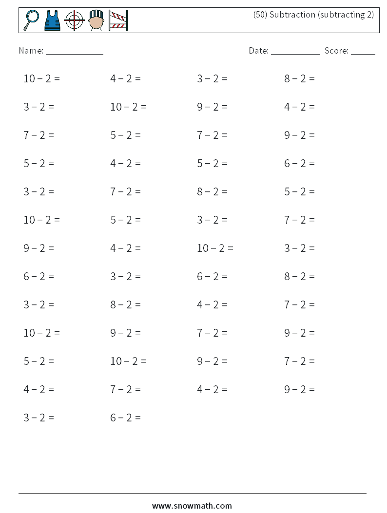 (50) Subtraction (subtracting 2) Math Worksheets 8