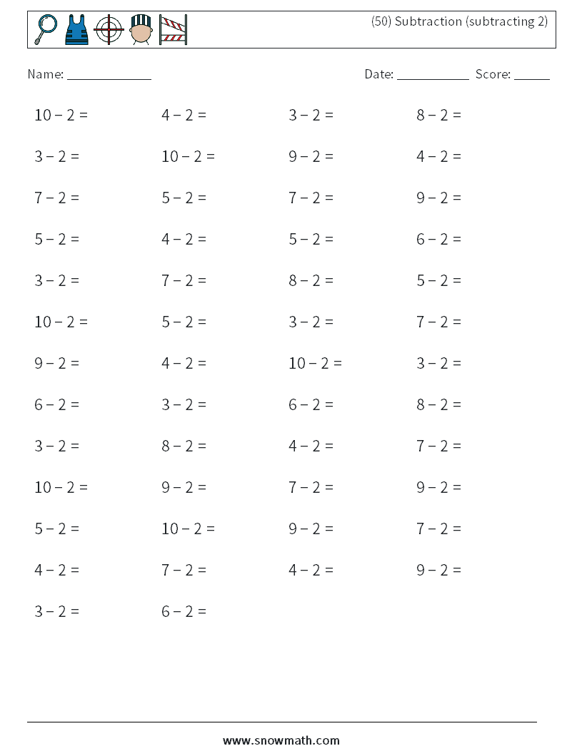 (50) Subtraction (subtracting 2) Maths Worksheets 8