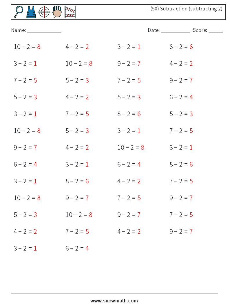 (50) Subtraction (subtracting 2) Math Worksheets 8 Question, Answer