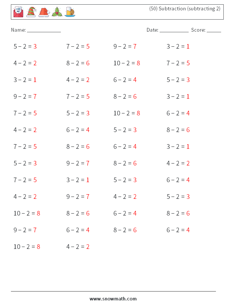 (50) Subtraction (subtracting 2) Math Worksheets 9 Question, Answer