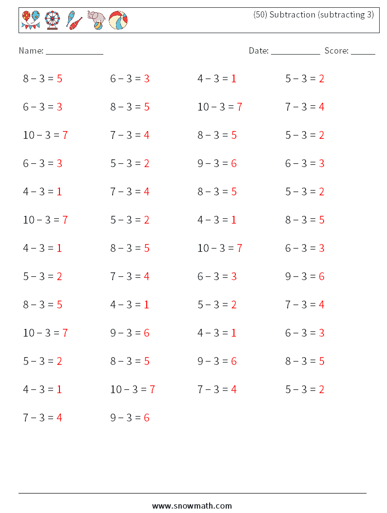 (50) Subtraction (subtracting 3) Math Worksheets 3 Question, Answer