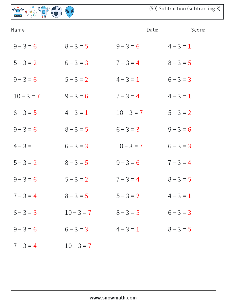 (50) Subtraction (subtracting 3) Math Worksheets 4 Question, Answer