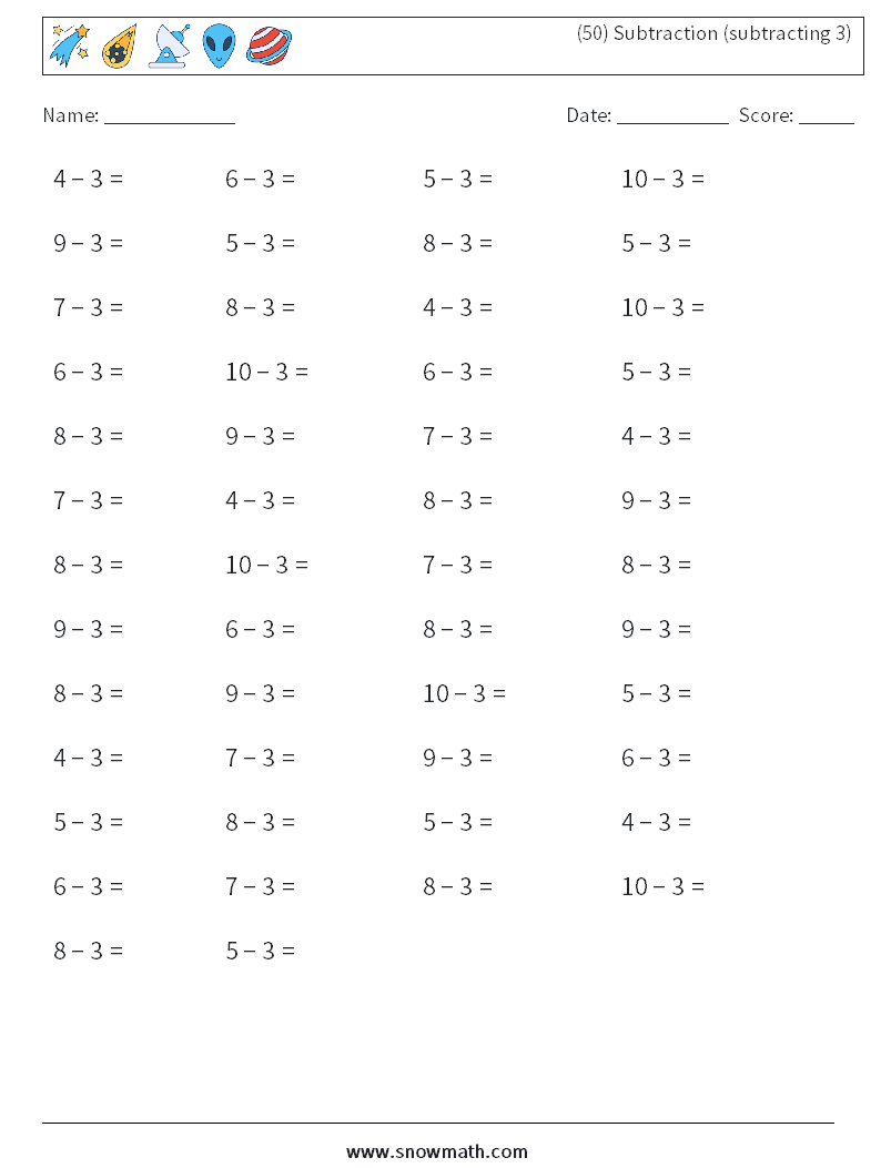 (50) Subtraction (subtracting 3) Math Worksheets 5