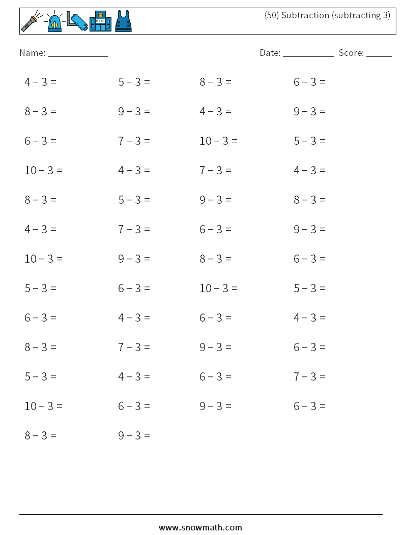 (50) Subtraction (subtracting 3) Math Worksheets 6