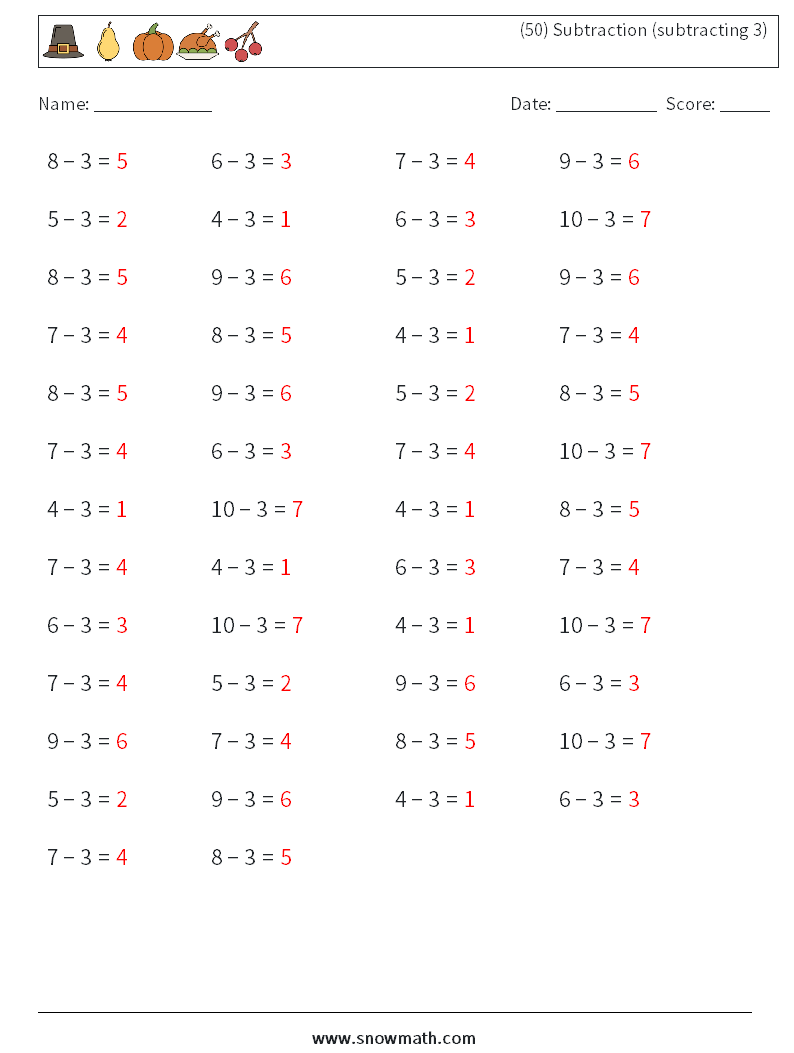 (50) Subtraction (subtracting 3) Math Worksheets 7 Question, Answer