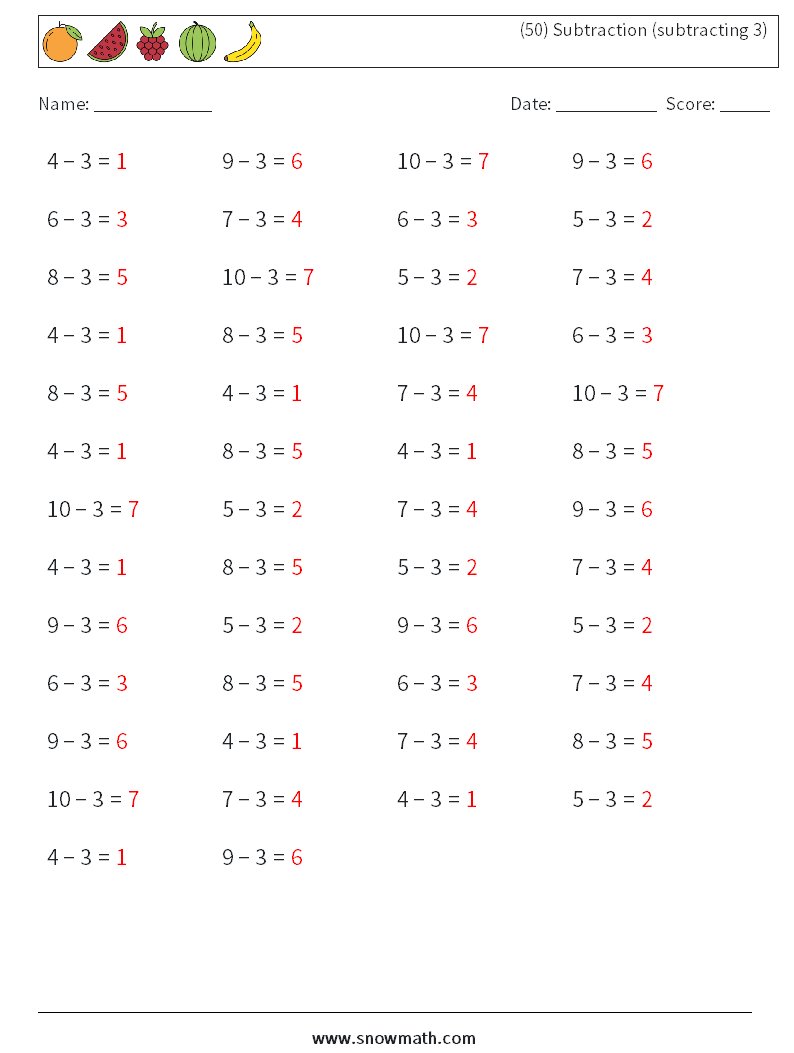 (50) Subtraction (subtracting 3) Math Worksheets 8 Question, Answer