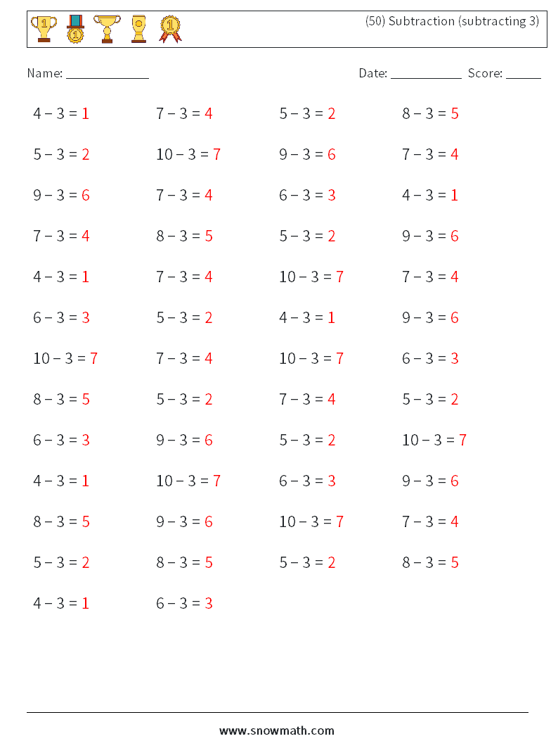 (50) Subtraction (subtracting 3) Math Worksheets 9 Question, Answer
