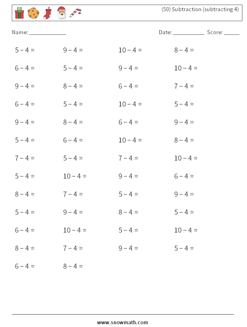 (50) Subtraction (subtracting 4) Math Worksheets 1